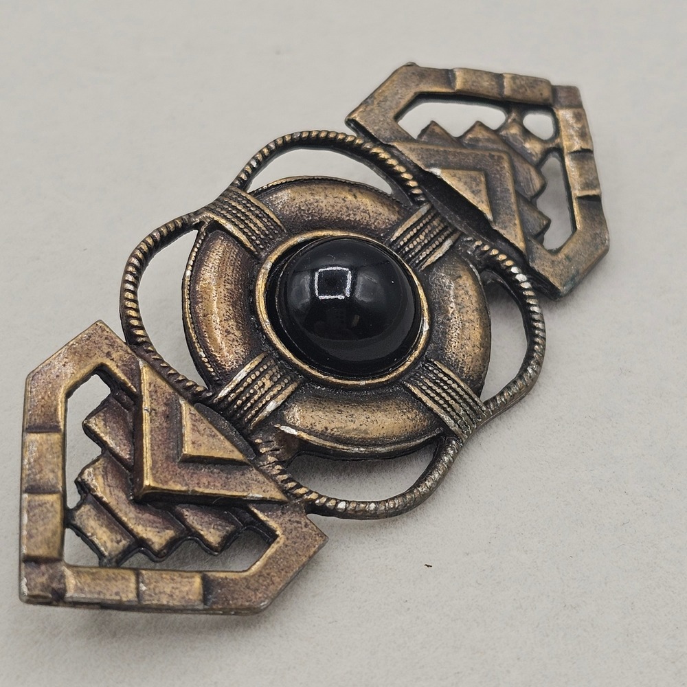 Art Deco Style Brooch Glass Cabochon Black Bronze Tone 2.75" Pin Geometric - Picture 2 of 9